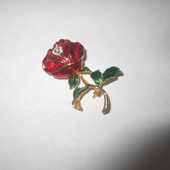 Vintage 1960-70`s brooch rose rhinestone red green - Picture 1 of 6